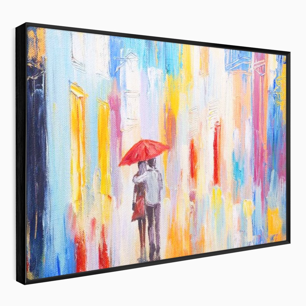 Tablou canvas cu pictura cu un cuplu sub umbrela, in rama de aluminiu negru